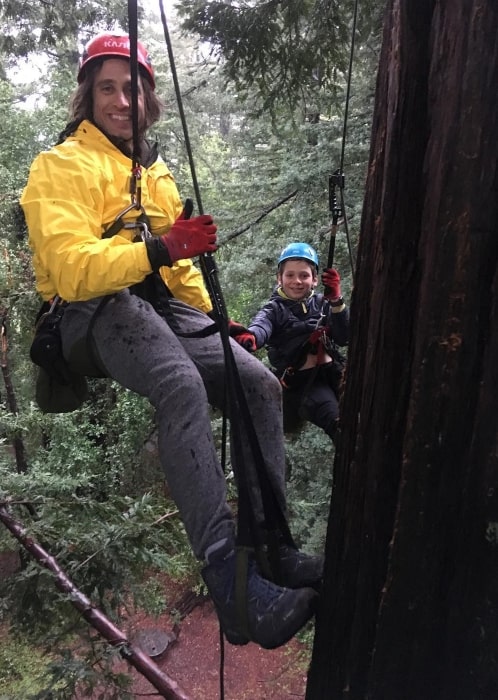 Brad Falchuk climbing to the top of a giant redwood in March 2018