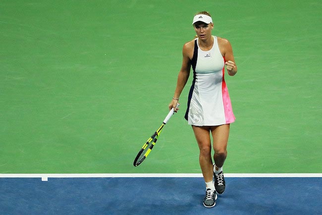 Caroline Wozniacki&rsquo;s reaction after winning a point against Anastasija Sevastova during Day Nine of the 2016 US Open Tour