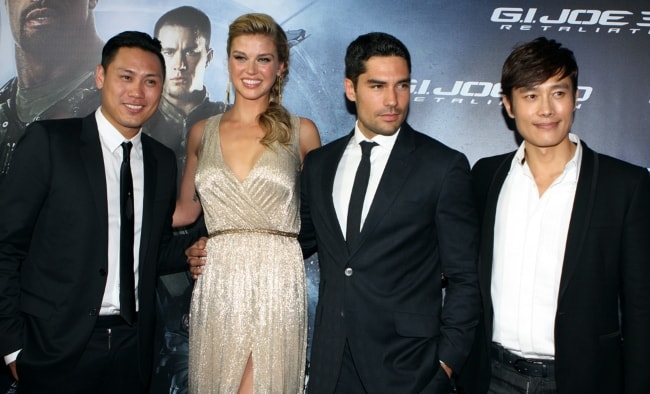 (From Left to Right) Jon M. Chu, Adrianne Palicki, D.J. Cotrona, and Byung-Hun Lee at the red carpet movie premiere of 'G.I. Joe Retaliation' in March 2013