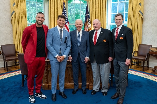 From Left to Right - Travis Kelce, Patrick Mahomes, U.S. President Joe Biden, Andy Reid, and Mark Donovan in the Oval Office following Reid's second Super Bowl victory in Super Bowl LVII in June 2023