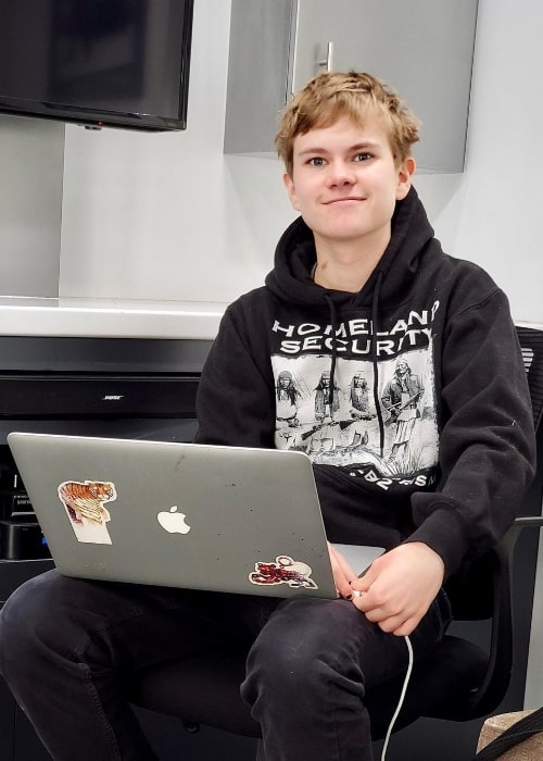 Isaiah Stannard pictured while chilling in his trailer doing zoom school at Universal Studios Hollywood in February 2021
