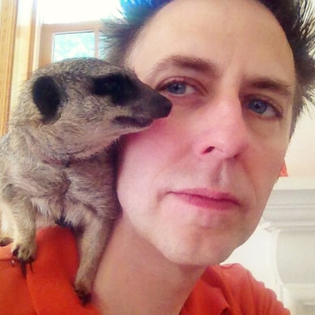 James Gunn in a selfie with his pet meerkat, Timone in June 2018