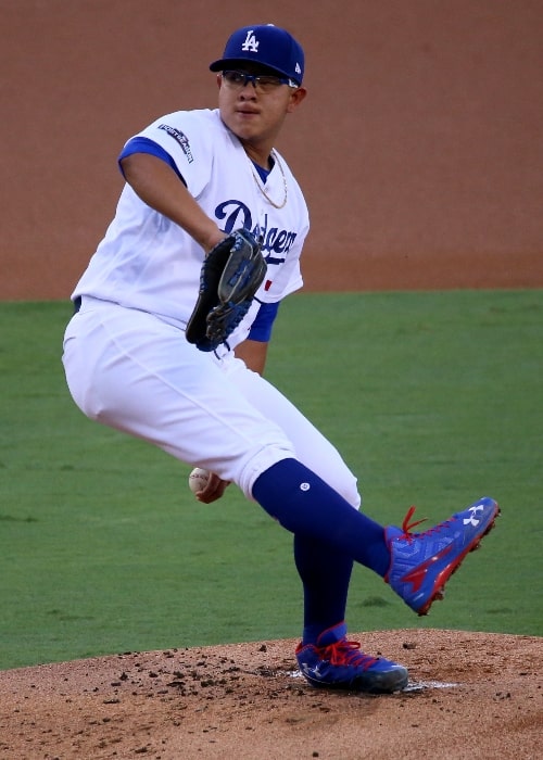 Julio Ur&iacute;as as seen while pitching for the Los Angeles Dodgers in the 1st inning during Game 4 of the NLCS on October 19, 2016