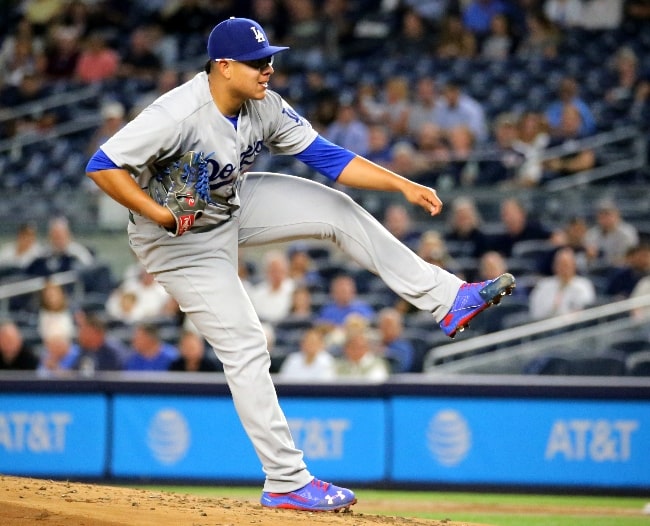 Julio Ur&iacute;as as seen while pitching for the Los Angeles Dodgers in the first inning of a game against the New York Yankees at Yankee Stadium in the Bronx, New York, NY on September 13, 2016