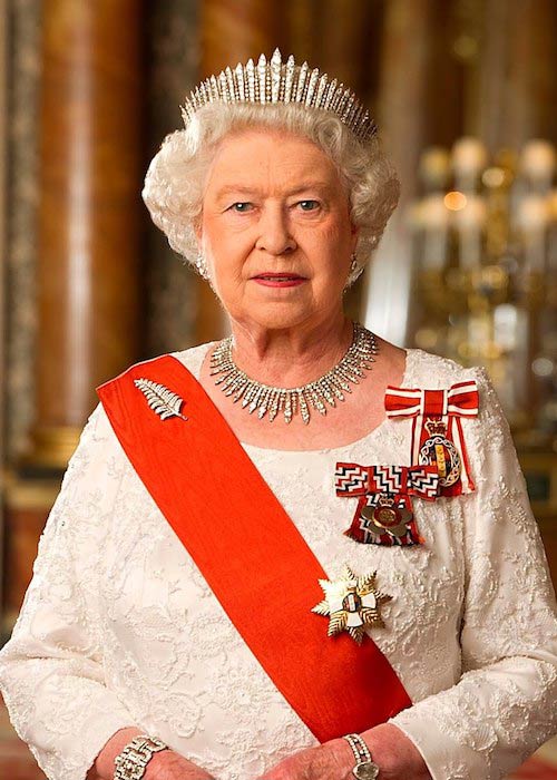 Queen Elizabeth II in the Blue Room of Buckingham Palace wearing a diamond fern brooch