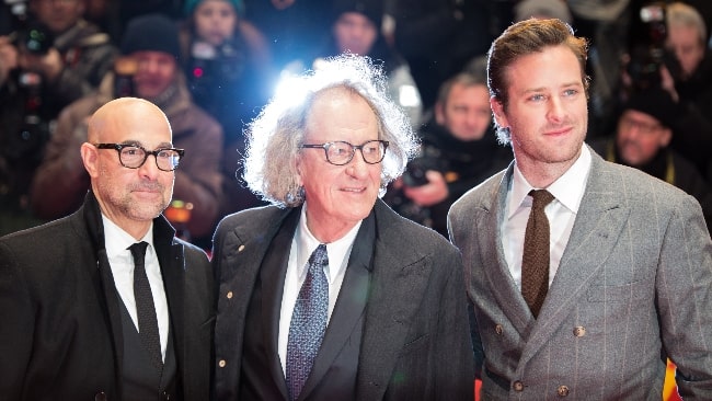 Stanley Tucci as seen at the 2017 Berlin International Film Festival along with Australian actor Geoffrey Rush (Center) and actor Armie Hammer (Right) as the film team of 'Final Portrait'